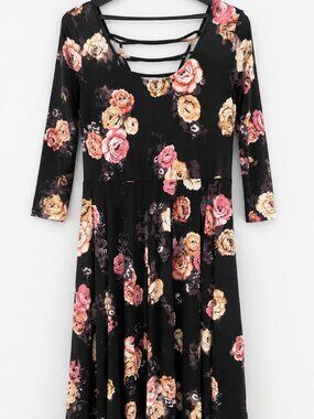 Torrid Floral Skater Dress Size 1 Black Rose Print Lattice Back